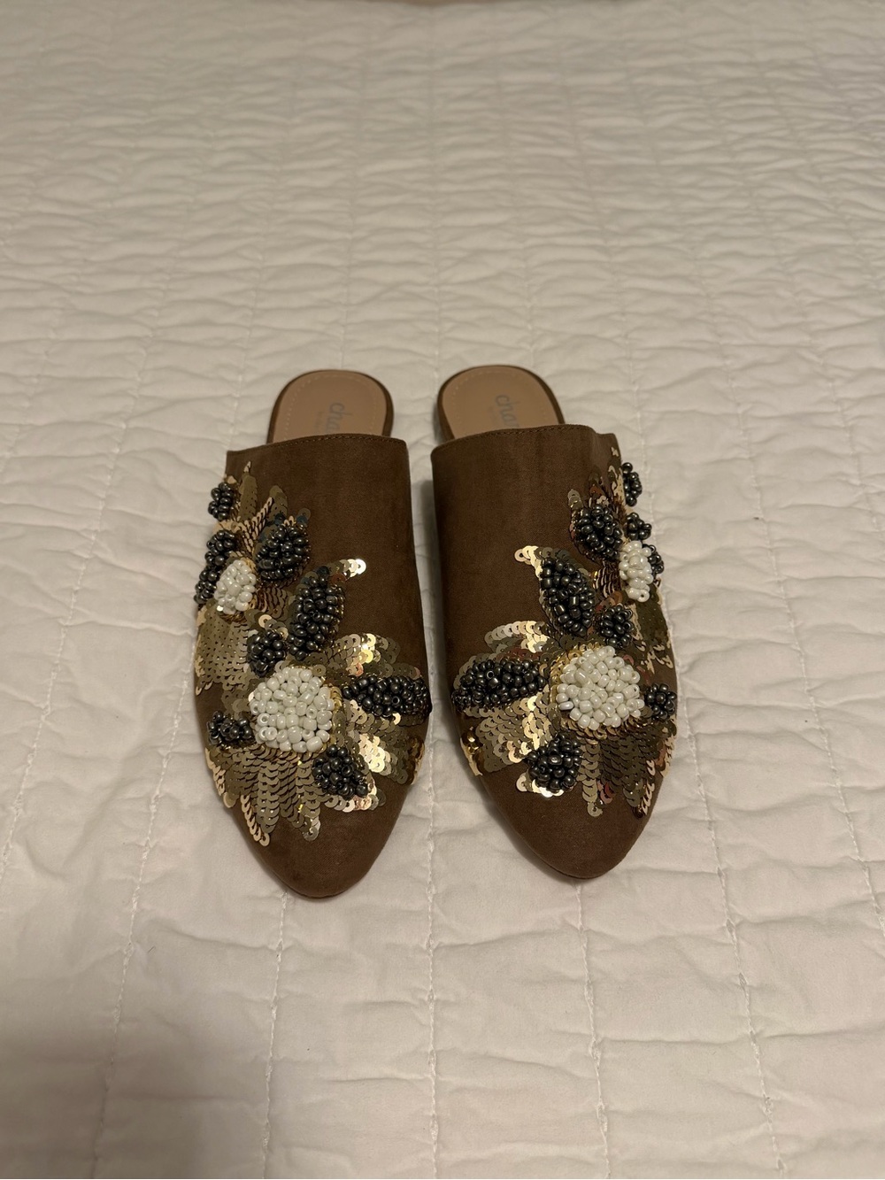 NWOT Embellished Brown Floral Bead & Sequin Slip-On Mules